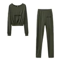 Dunkelgrünes zweiteiliges geripptes Loungewear-Set mit LUCKY LABEL Stickerei-Details - Armeegrün