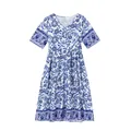 Detailed flat lay of a summer midi dress featuring blue and white floral patterns. - S / Tops / Blue