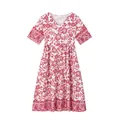 Full view of women's red floral print summer dress with V-neck and short sleeves - Pink