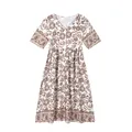 Close-up of summer floral print dress with bohemian pattern and short sleeves - S / Tops / Apricot