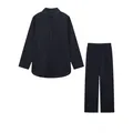Elegant women's two-piece set with navy blue long sleeve shirt and wide-leg trousers - Dark Blue