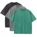 Set of 3 heavy 230g cotton washed distressed short sleeve t-shirts in vintage colors - S / Tops / 3-Pack / Black + Gray + Retro Green (Combination 13)