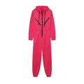 Full length view of a pink hooded long-sleeve jumpsuit with stylish central and chest zippers - Rose Red