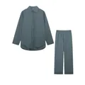 Elegant slate blue two-piece set featuring long sleeve shirt and matching wide-leg trousers - Dark Gray