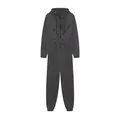 Detailed front view showing a dark grey women's hooded athletic casual jumpsuit - S / Top And Bottom / Black and Gray