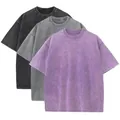 Set of three 230g heavyweight cotton acid wash distressed t-shirts in grey and purple tones. - S / Tops / 3-Pack / Charcoal Black + Dark Gray + Purple Gray (Combination 14)