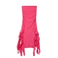 Close-up view of bright pink bodycon dress with asymmetrical ruffled hem detail - S / Top And Bottom / Rose Red