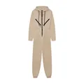 Front view detail of a beige casual hooded jumpsuit for women with center zipper. - Khaki