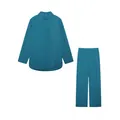 Solid teal women's two-piece set featuring lapel long sleeve shirt and wide-leg trousers - Lake Blue