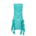 Front view of a turquoise tube dress featuring a ruched bodice and cascading ruffle hem - Turquoise Green
