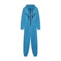 Front detail view of a blue hooded sports jumpsuit for women with long sleeves - Blue