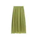 Detailed view of the smooth and silky satin texture on an elegant green midi skirt. - S / Bottoms / Green