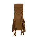 Brown strapless bodycon dress with ruched bodice and ruffled asymmetrical hemline - Brown