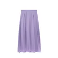 Detailed view of this elegant lavender satin midi skirt with a smooth glossy texture - S / Bottoms / Purple