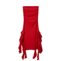 Red strapless tube bodycon dress featuring elegant asymmetrical ruffles on sides. - Red