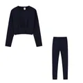 Navy blue two-piece sports set with cropped gathered waist top and matching leggings - S / Top And Bottom / Sapphire Blue