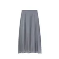 Detailed view of an elegant silver satin midi skirt featuring a smooth faux silk texture - S / Bottoms / Gray