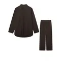 Women's casual two-piece set with lapel long-sleeved shirt and wide-leg pants in dark brown. - Dark Brown