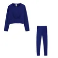 Two-piece dark blue women's casual sports set with pleated waist top and leggings - Royal Blue