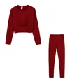 Elegant two-piece burgundy sports set featuring a long-sleeved cinched waist top and leggings - S / Top And Bottom / Burgundy