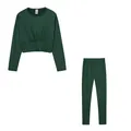 Detailed view of a dark green two-piece loungewear set with cinched waist top. - S / Top And Bottom / Army Green