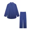 Royal blue two-piece casual set featuring a long-sleeved button-down shirt and wide-leg trousers - Dark Royal Blue