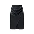Elegant black PU leather midi skirt featuring stylish asymmetrical front pleats and a subtle front slit - S / Bottoms / Black