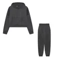Close-up view of the dark grey cropped hooded sweatshirt and matching jogger pants set - S / Top And Bottom / Dark Gray