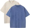 Heavyweight 230g washed distressed cotton T-shirt in blue and beige set - S / Tops / 2PCS / Blue+Beige