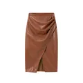 Elegant brown high waist PU leather midi skirt featuring stylish ruching and a front slit - S / Bottoms / Brown