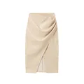 Detailed view of a stylish beige high-waisted PU leather midi skirt featuring ruched slit - S / Bottoms / Beige