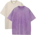 Heavyweight 230g cotton stone-washed distressed short sleeve T-shirt in purple and khaki - S / Tops / 2PCS / Purple + Khaki