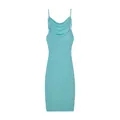 Elegant turquoise cowl neck bodycon mini dress with delicate straps in a studio shot. - Sky Blue