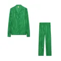 Full view of green pleated two-piece set featuring long-sleeve shirt and matching pants - Dark Green