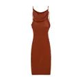 Detail of a rust red bodycon dress with a cowl neck and thin spaghetti straps. - Dark Brown