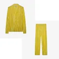Two-piece pleated loungewear set in bright yellow with button-down shirt and trousers - S / Top And Bottom / Yellow