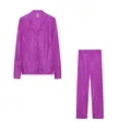 Detailed front view showing the plissé pleated texture of a magenta loungewear set - S / Top And Bottom / Purple
