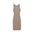 Elegant beige cowl neck bodycon midi dress featuring thin spaghetti straps for summer - Apricot