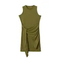 Close-up of olive green sleeveless mini dress with side knot and ruched detail - L / Bottoms / Army Green