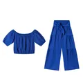 Detailed view of women's blue two-piece set featuring tiered wide-leg pants and crop top - S / Top And Bottom / Royal Blue