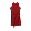 Wine red sleeveless dress with waist tie belt and asymmetrical pleated hem details - Brick Red