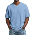 Detail view of light blue waffle knit fabric and raglan sleeve design on men's V-neck T-shirt - S / Tops / Blue