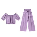 Detailed view of women's purple two-piece set with off-shoulder top and wide-leg pants - S / Top And Bottom / Purple