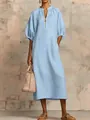 Vestido midi elegante de algodón y lino azul claro con mangas abullonadas y cremallera - S / Tops / Azul cielo