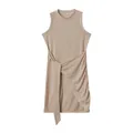 Sleeveless crewneck ruched irregular dress with tie-waist detail in apricot. - Apricot