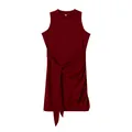 Close-up of sleeveless burgundy dress featuring pleated side and tie-waist detail. - S / Bottoms / Burgundy