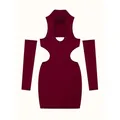Sexy wine red solid color hollow halter bodycon mini dress with matching arm sleeves SKU - L / Dress With Sleeves Set / Red