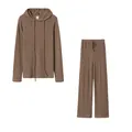 Detailed look at the brown ribbed fabric two-piece leisure set with hoodie and wide pants - Coffee