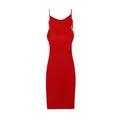 Detail view of an elegant red backless slim-fit midi dress with drawstring straps. - Red