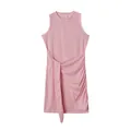 Detailed view of a pink sleeveless dress with waist tie and irregular draped hem - S / Bottoms / Pink